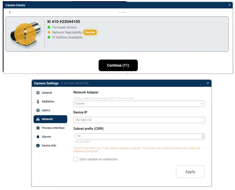 Optris Connect 網路設定精靈畫面